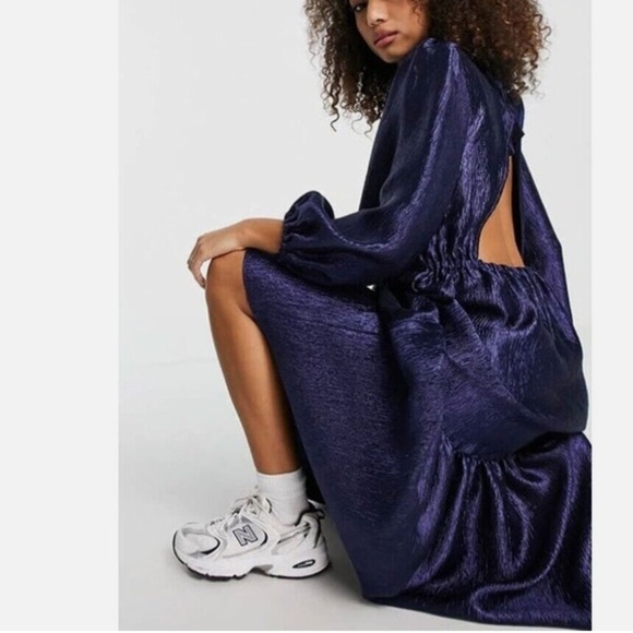 TOPSHOP Premium Textured tiered open back Midi Dress Medium Blue Metallic Size 6 - Picture 8 of 10